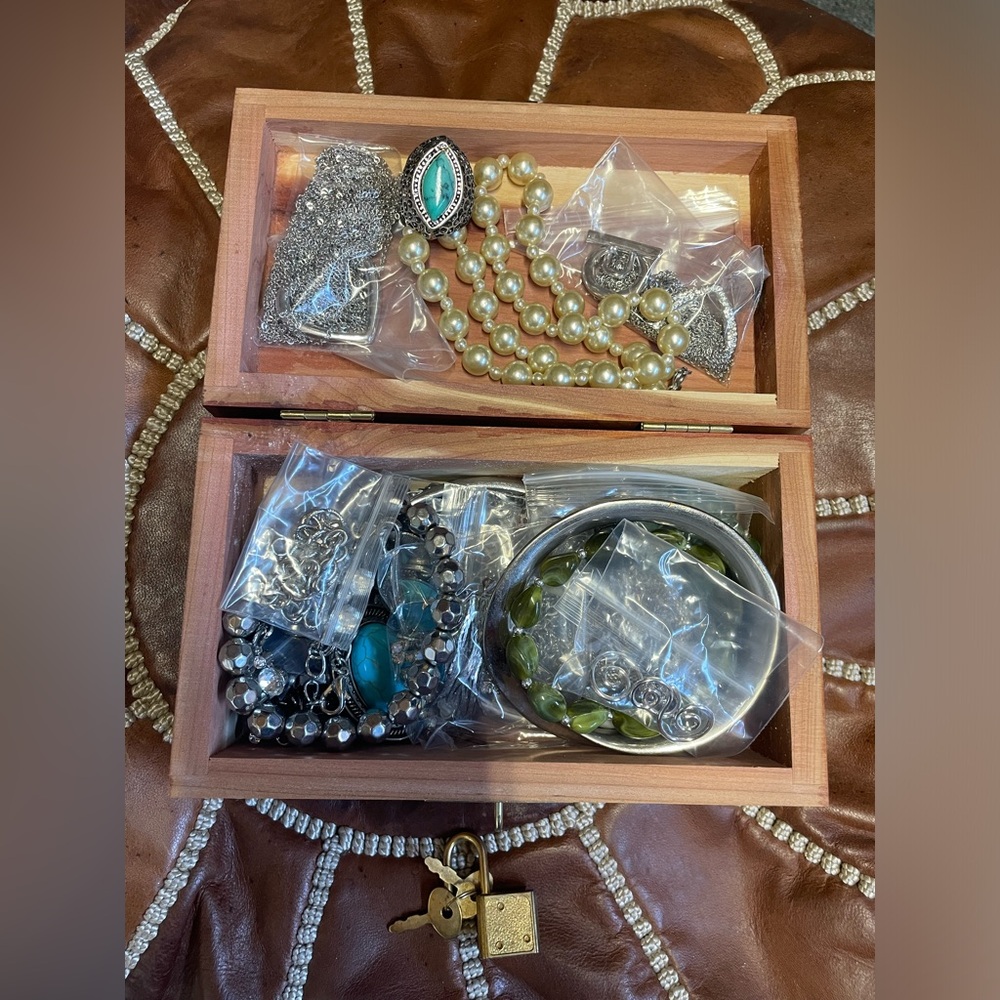 SILVER Estate treasure box w/lock & mystery vintage to modern jewelry,